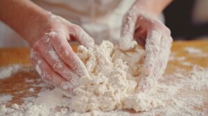 Hands kneading dough on a floured surface during preparation