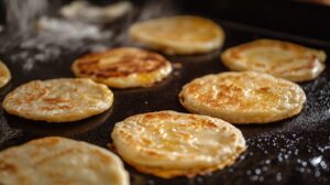 Several golden-brown Gorditas de Nata cooking on a griddle