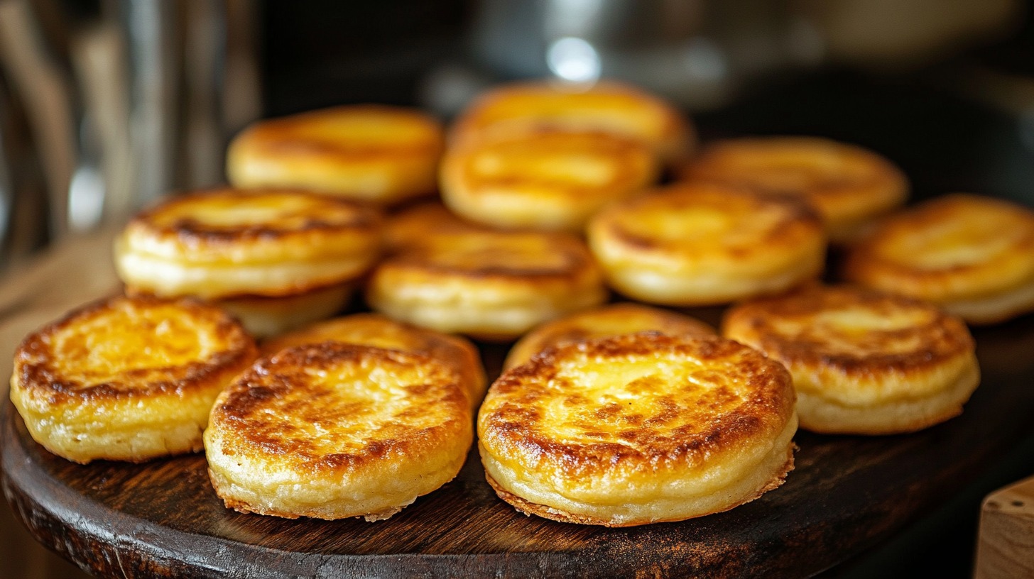 wooden platter filled with golden-brown Gorditas de Nata, showing their fluffy texture and crispy edges