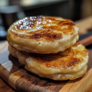 Close-up of two golden-brown Gorditas de Nata on a wooden surface