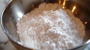 A stainless steel bowl filled with flour, ready to be mixed for a recipe.