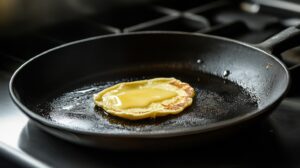 Golden-brown Gordita de Nata cooking on a hot griddle with melted butter