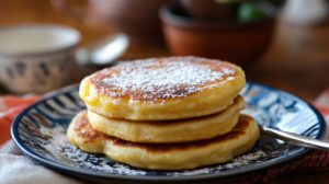 stack of three golden-brown Gorditas de Nata on a plate, dusted with powdered sugar